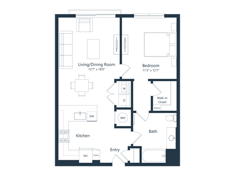 Floor plan for 1 bed, 1 bath, 835 sqft